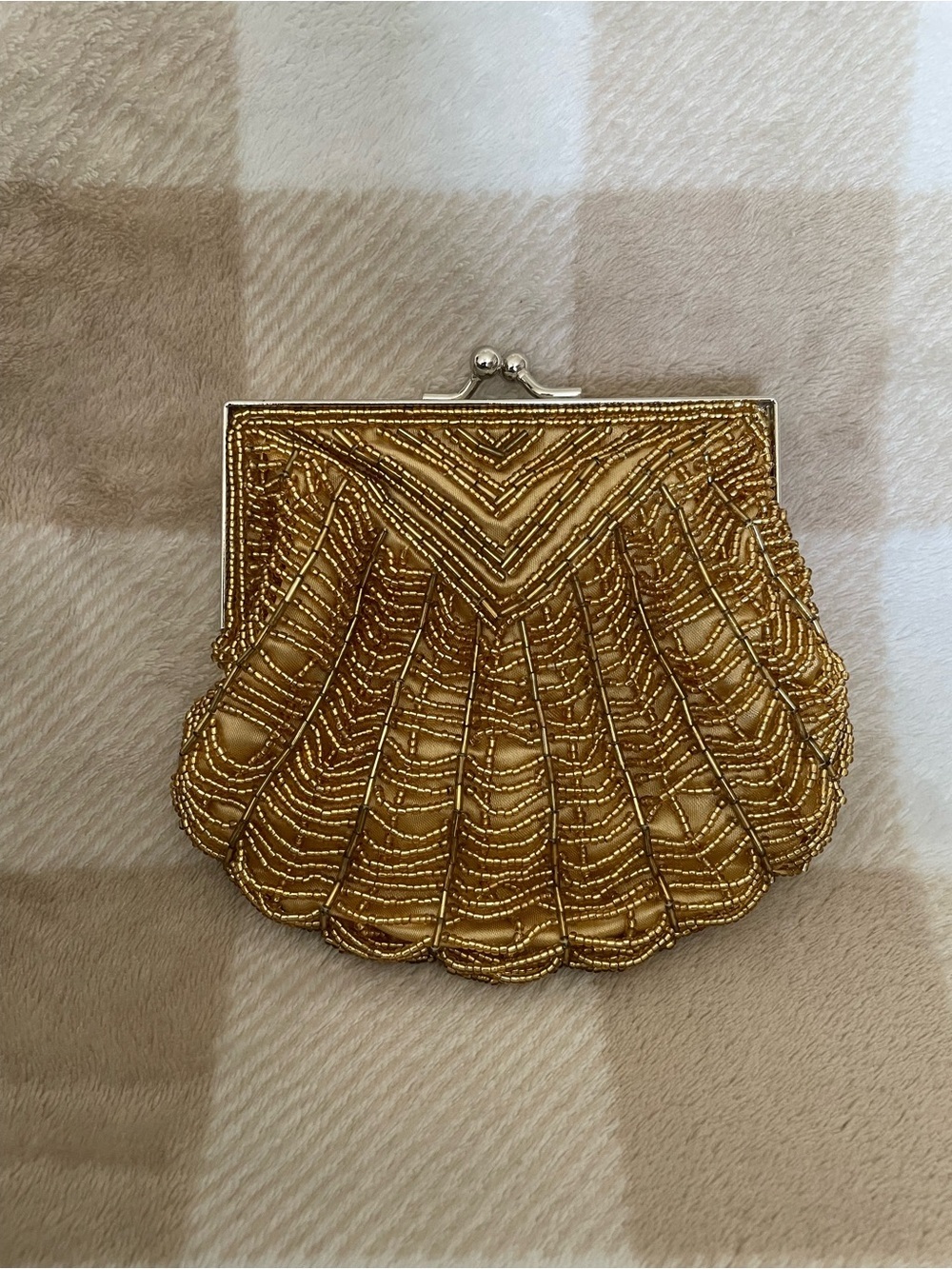 Vintage Bijoux Terner Gold Beaded Shell Clutch - Women's Evening Bag with Strap